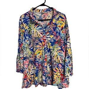 JOHN MARK Floral Tropical Embroidered Eyelet Button Tunic Top Artsy 0063 size XL